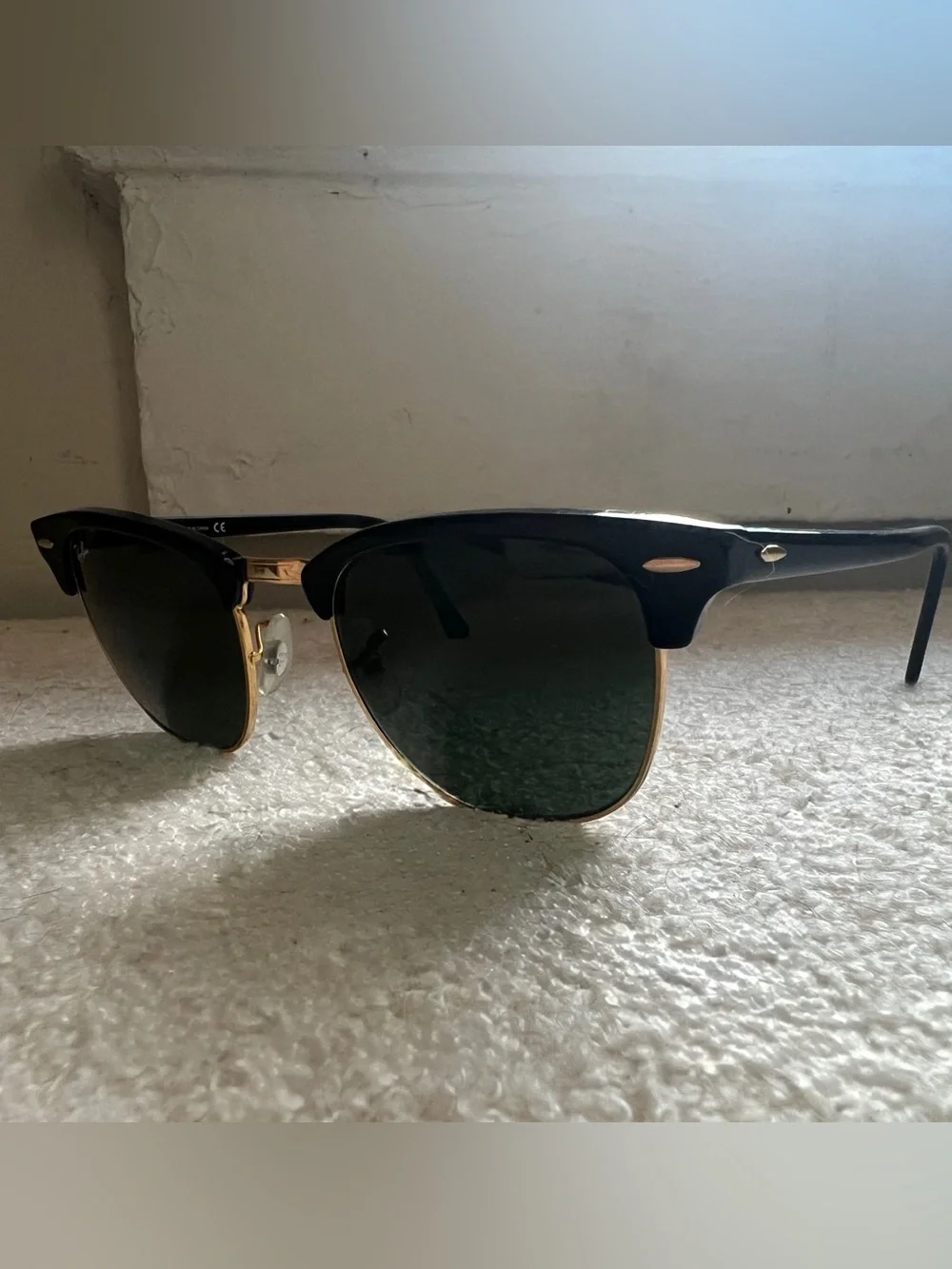 Ray-Ban Black and Gold Clubmaster Sunglasses with Dark Green Lenses